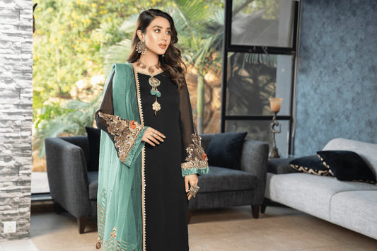 Khuda Baksh - Black with Green Dupatta