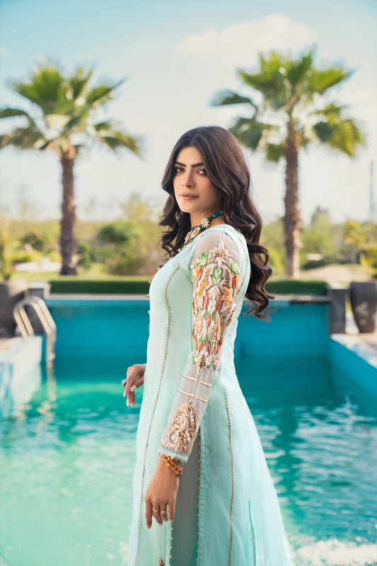 Khuda Baksh - Cyan with Tri Color Dupatta