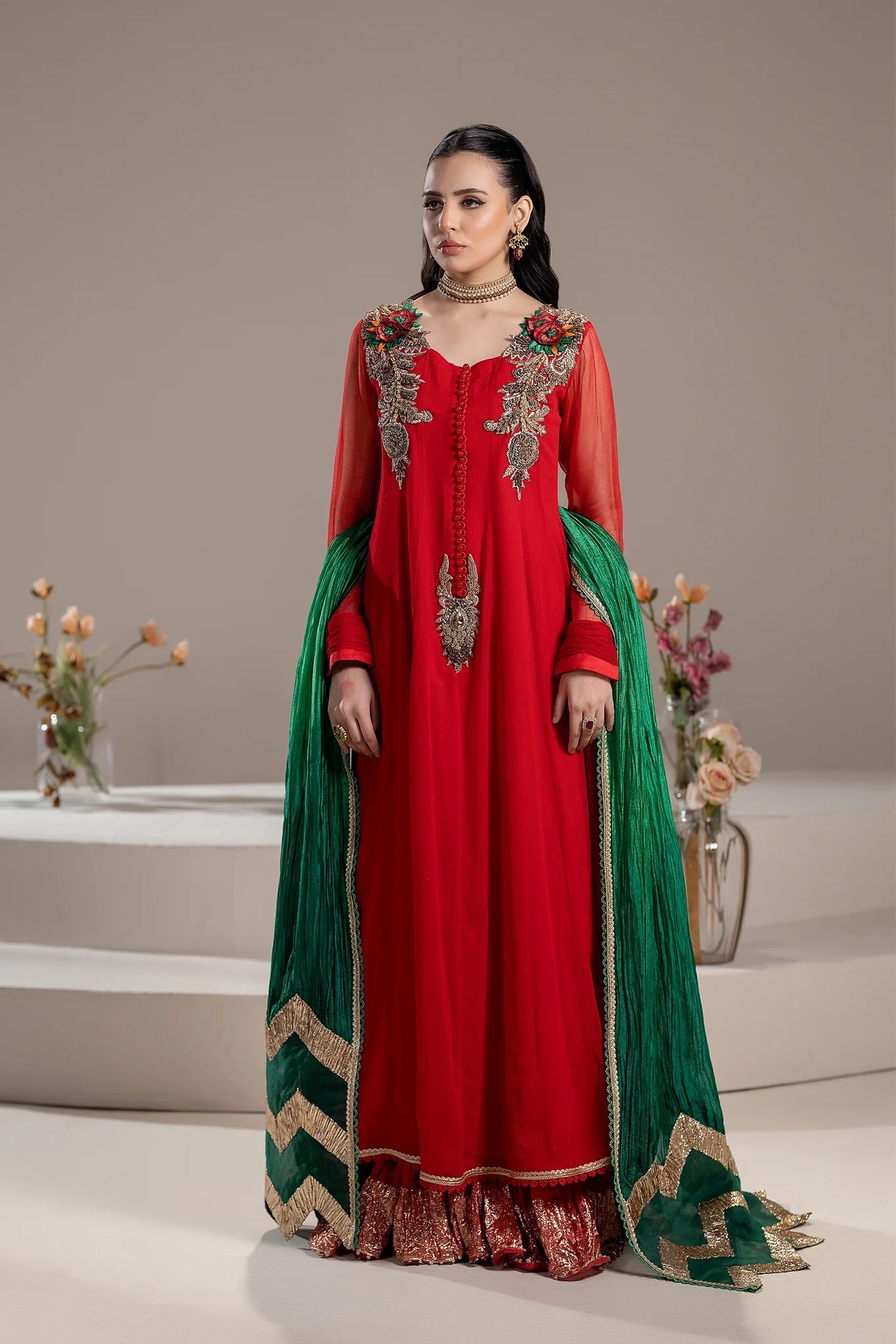 Khuda Baksh - Fancy Red with Green Dupatta