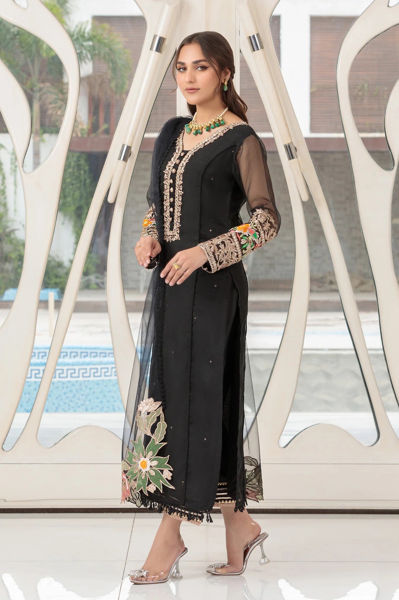 Khuda Baksh - Black with Net Dupatta