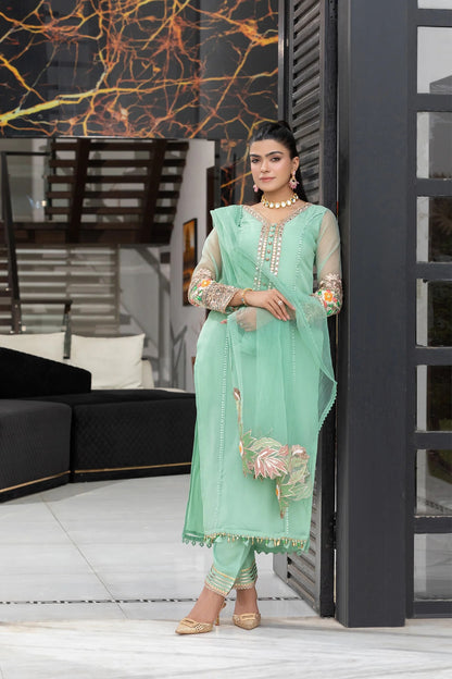 Khuda Baksh - Mint Green with Net Dupatta