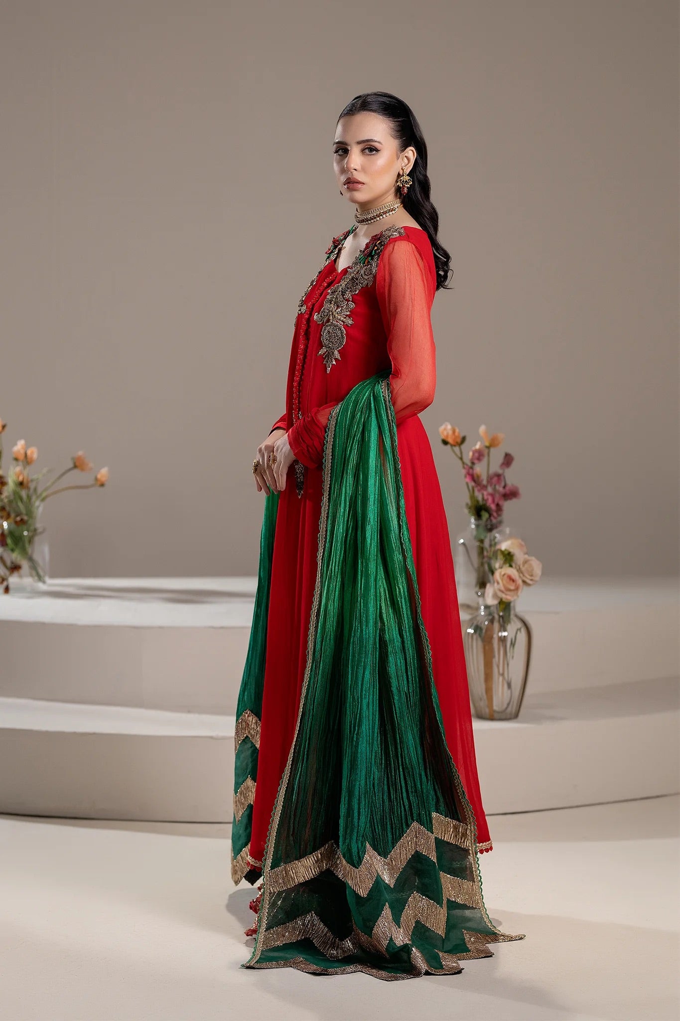 Khuda Baksh - Fancy Red with Green Dupatta