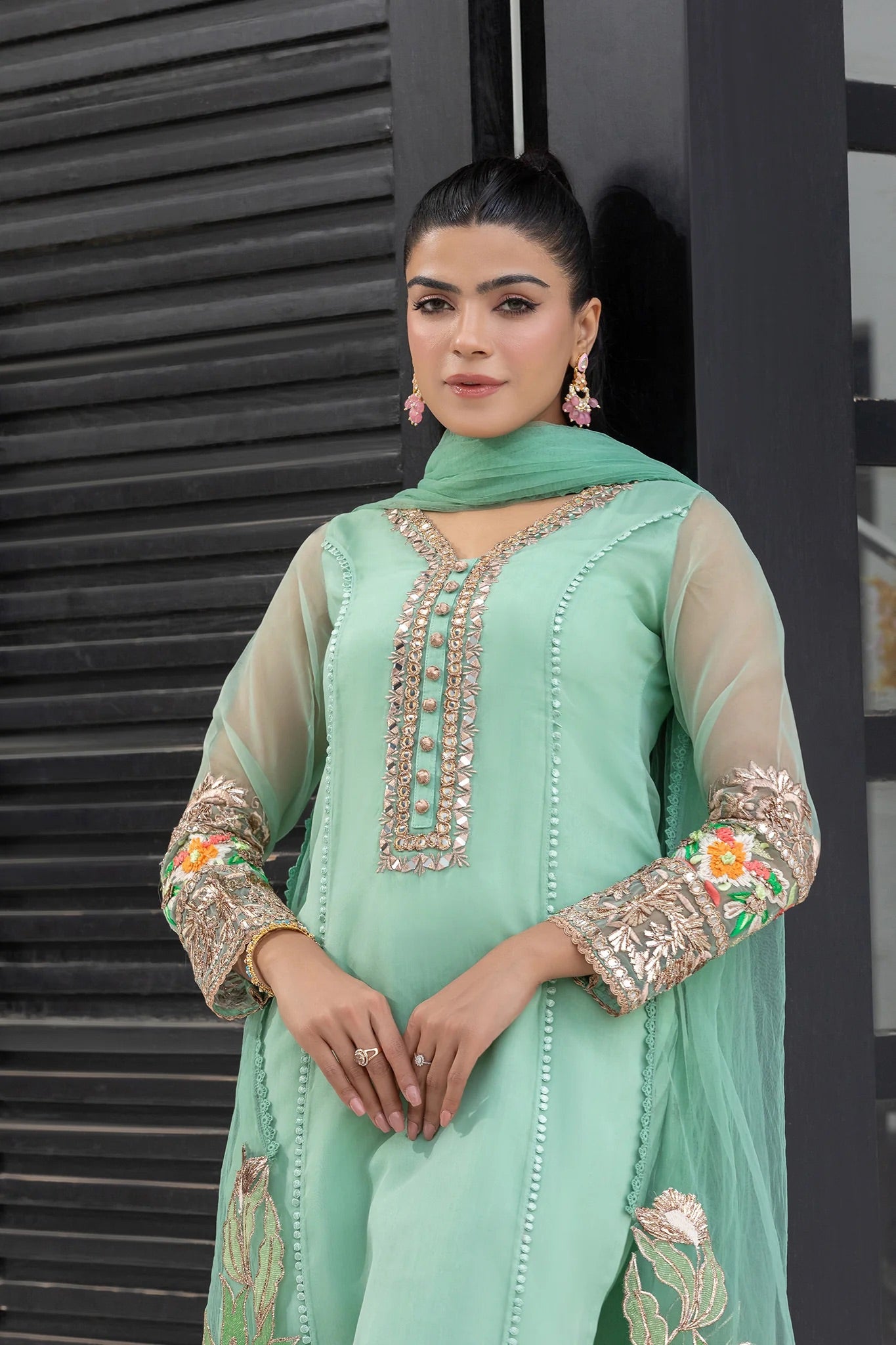 Khuda Baksh - Mint Green with Net Dupatta