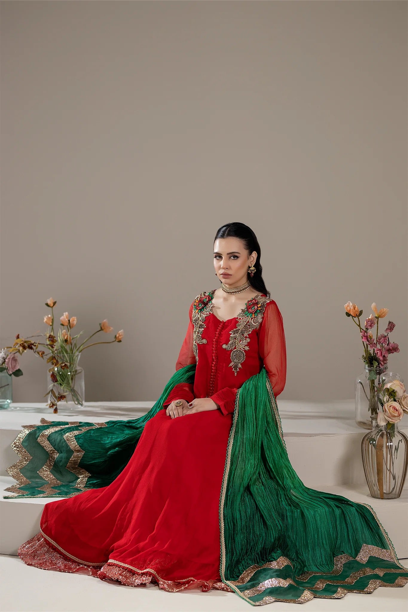 Khuda Baksh - Fancy Red with Green Dupatta