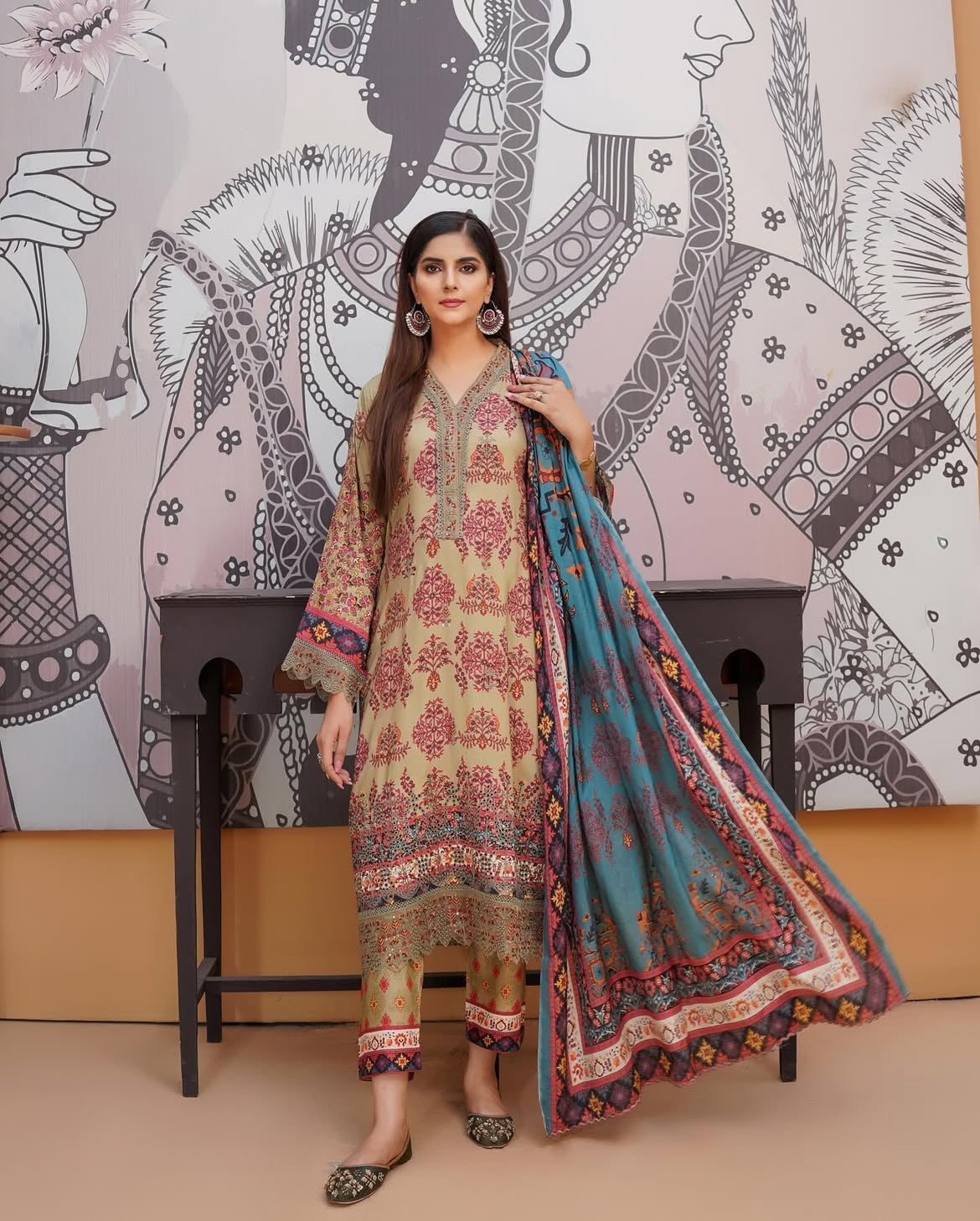 Munira Designers - Dew Green with Blue Dupatta