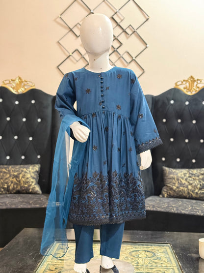 Dhanak Blue Frock with Black Thread work