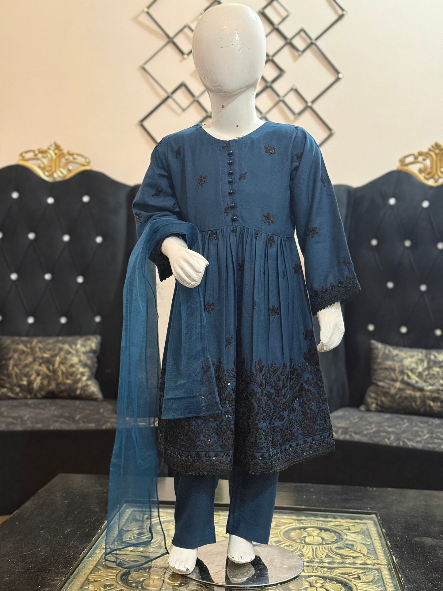 Dhanak Blue Frock with Black Thread work
