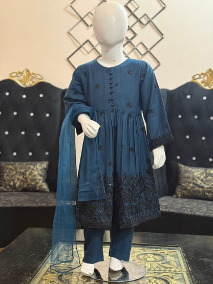 Dhanak Blue Frock with Black Thread work