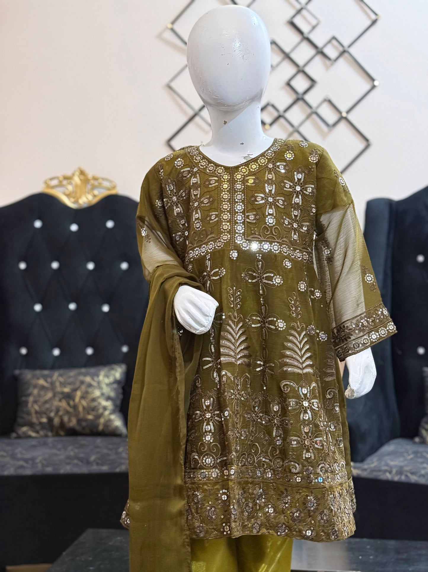 Hina Green Chiffon Frock with Silver Work