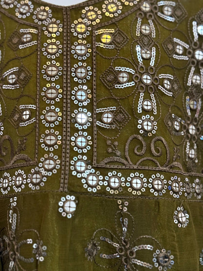 Hina Green Chiffon Frock with Silver Work