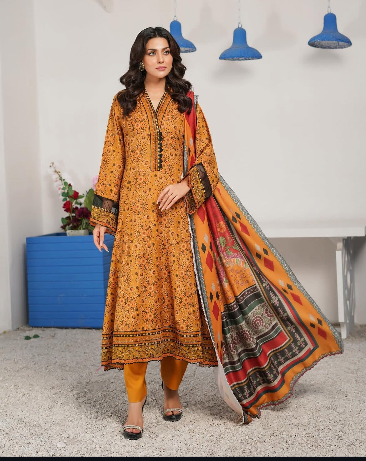 Munira Designers - Yellow Dhanak Frock & Wool Shawl