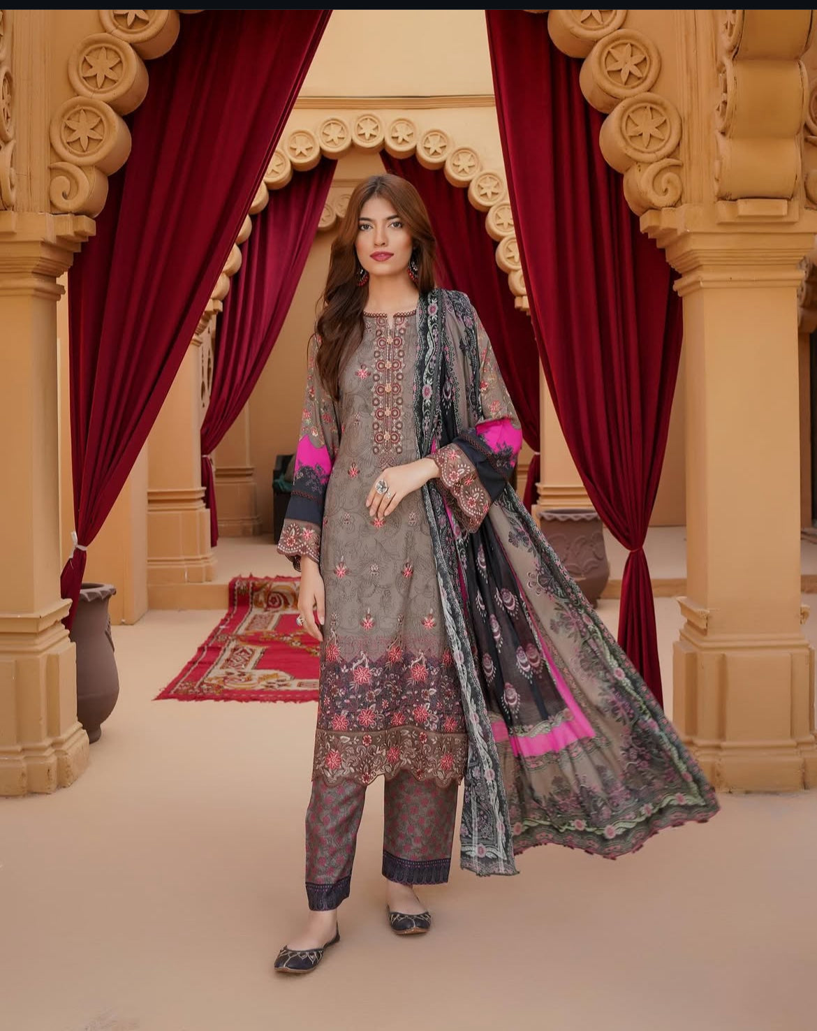 Munira Designers - Muted Brown with Pink Dupatta