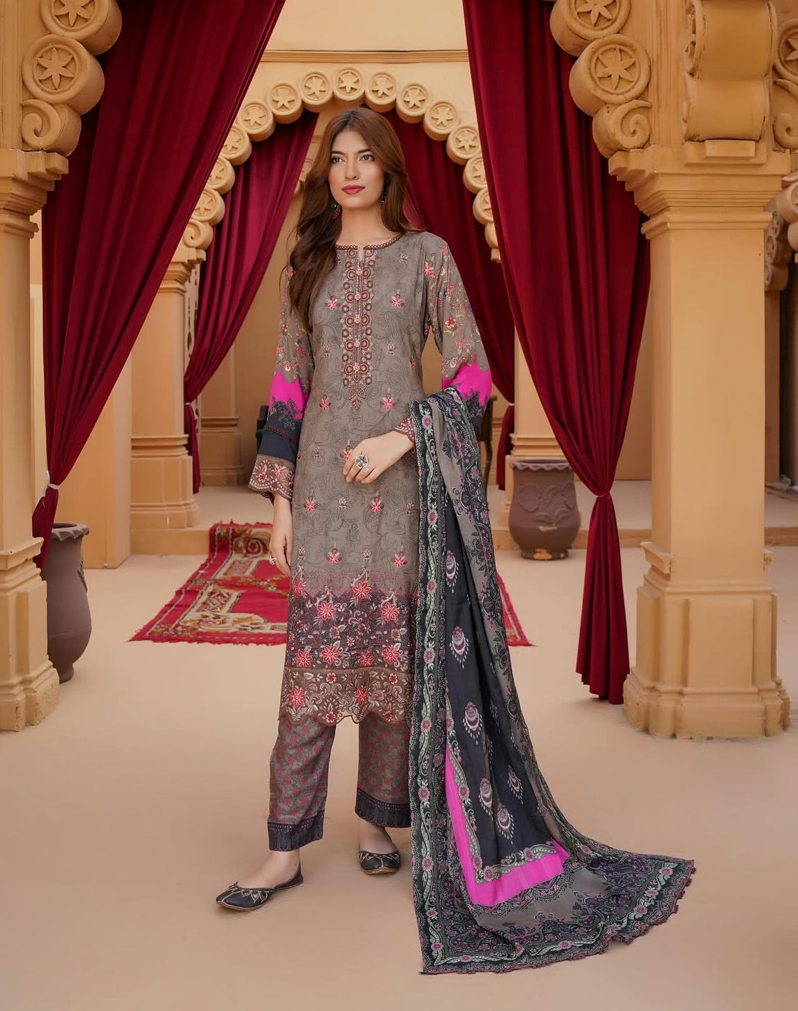 Munira Designers - Muted Brown with Pink Dupatta