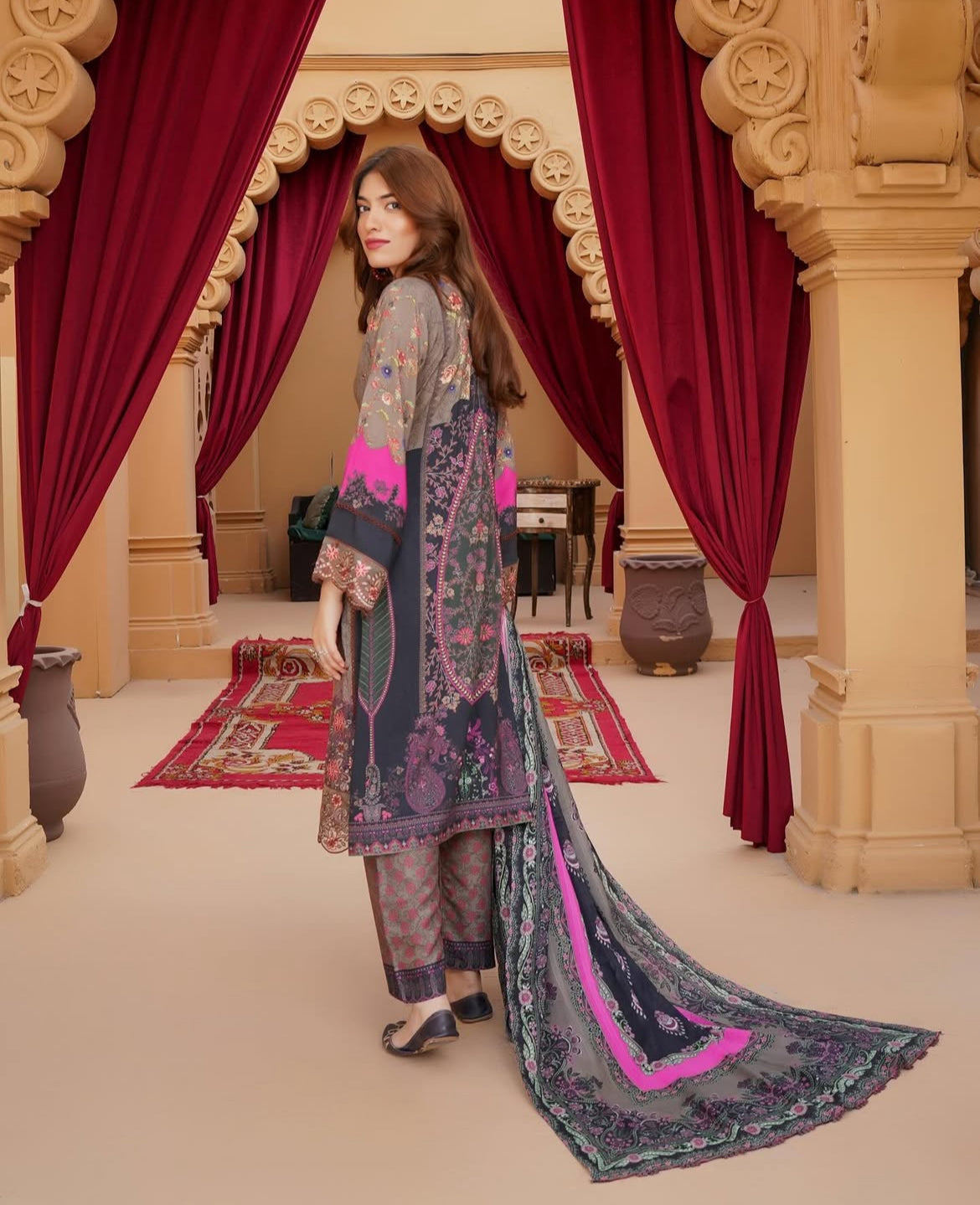Munira Designers - Muted Brown with Pink Dupatta