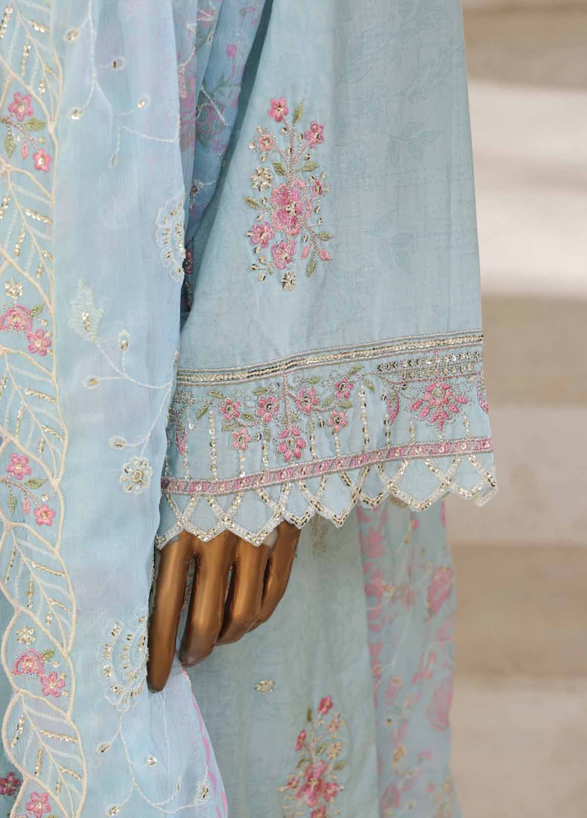 Aqua Blue with Pink Flowers