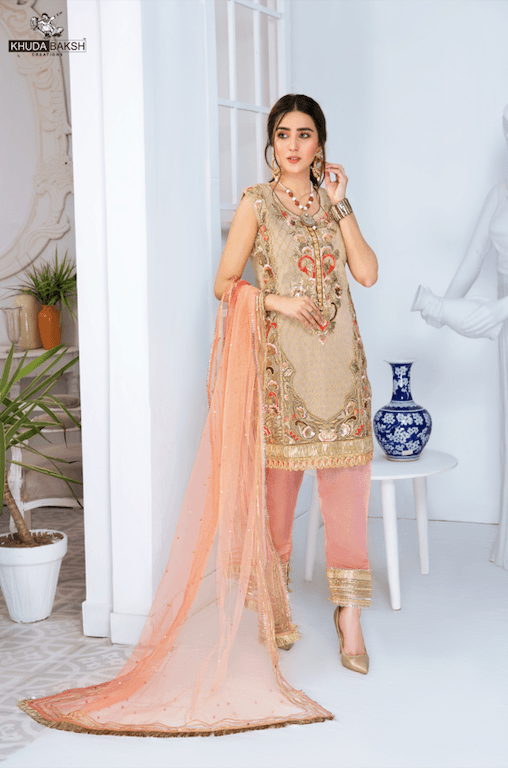 Khuda Baksh - Beige Kurti with Peach Trousers