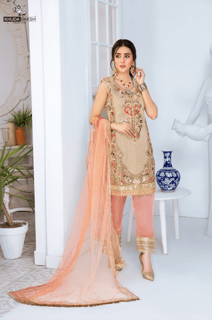 Khuda Baksh - Beige Kurti with Peach Trousers