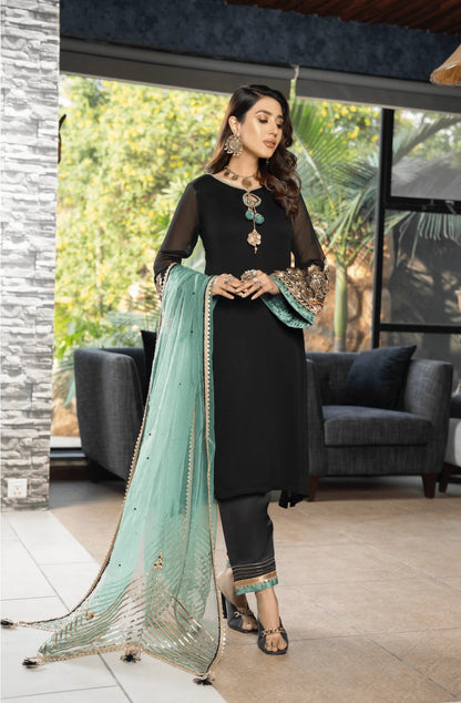 Khuda Baksh - Black with Green Dupatta