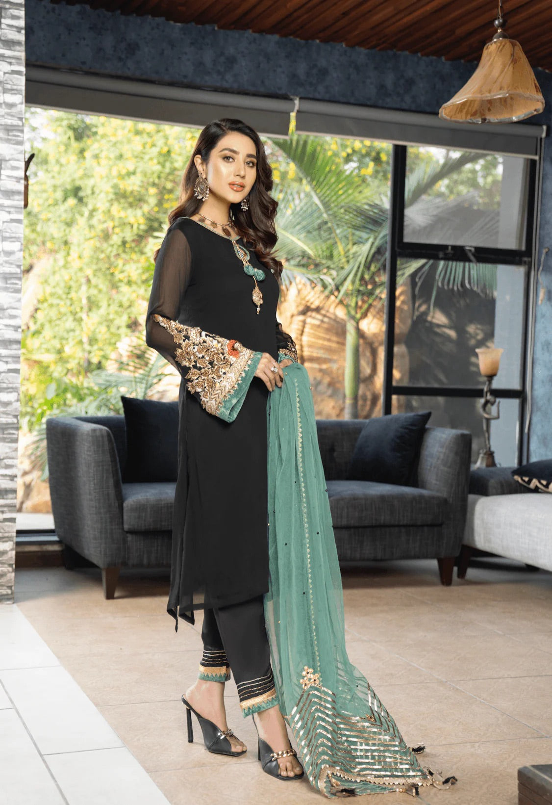 Khuda Baksh - Black with Green Dupatta
