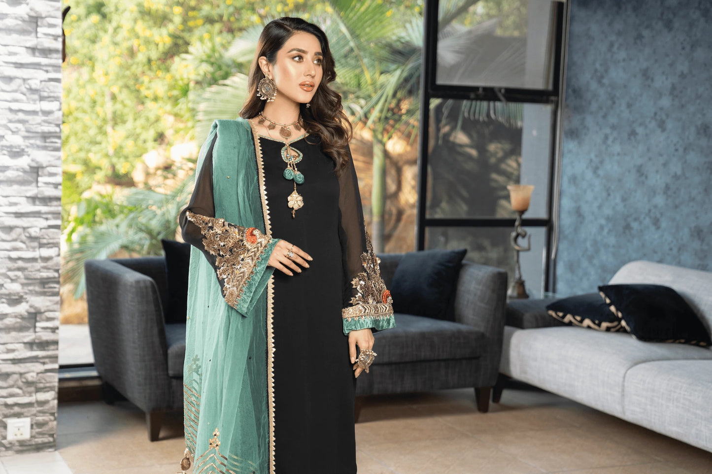 Khuda Baksh - Black with Green Dupatta