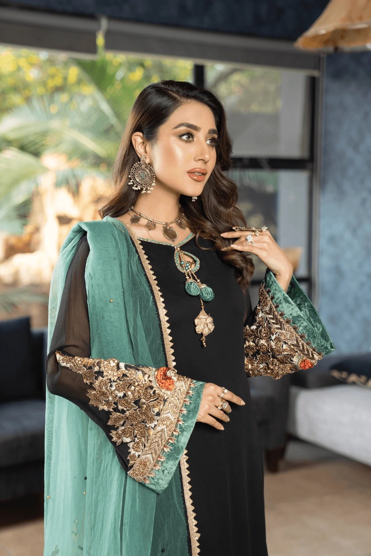 Khuda Baksh - Black with Green Dupatta