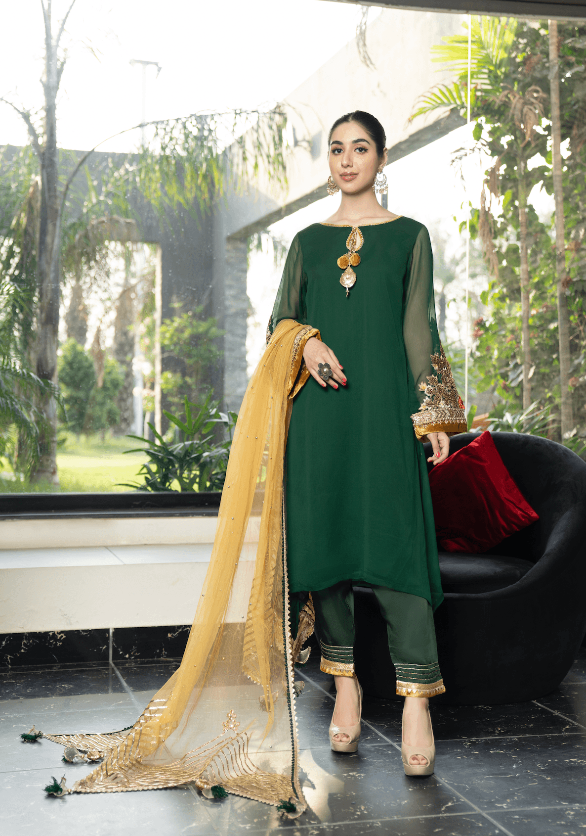 Khuda Baksh - Green with Yellow Dupatta
