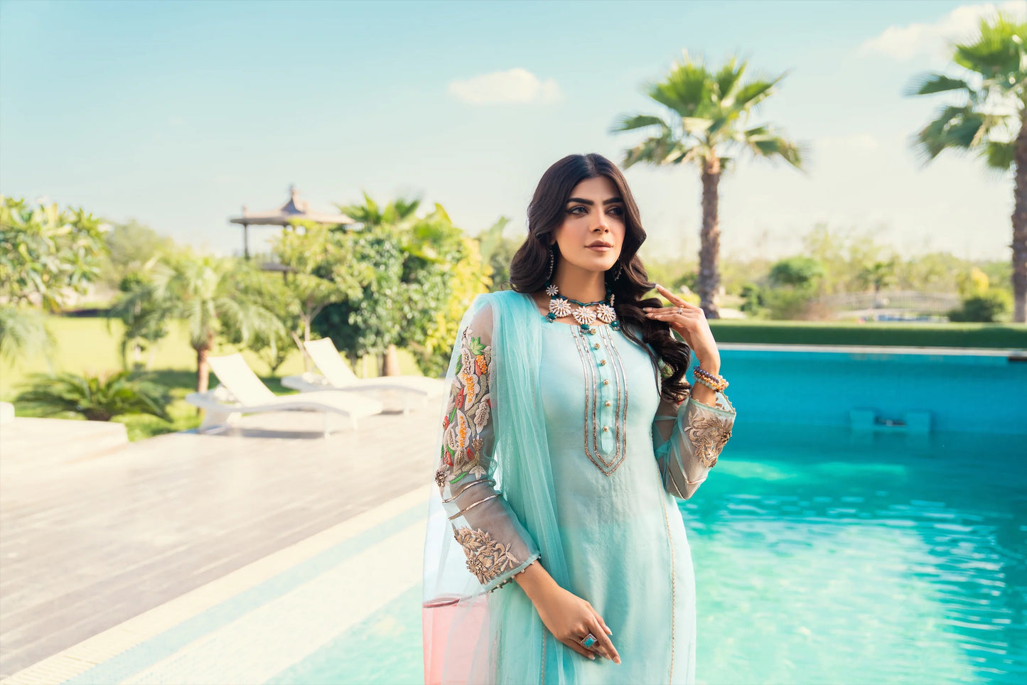 Khuda Baksh - Cyan with Tri Color Dupatta