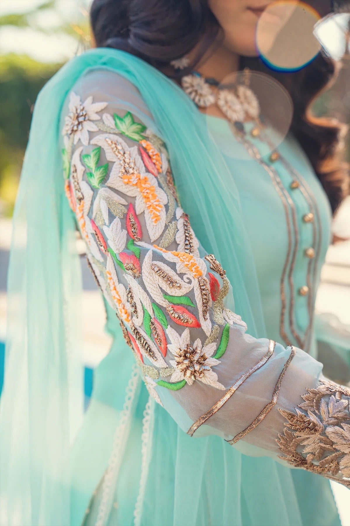 Khuda Baksh - Cyan with Tri Color Dupatta