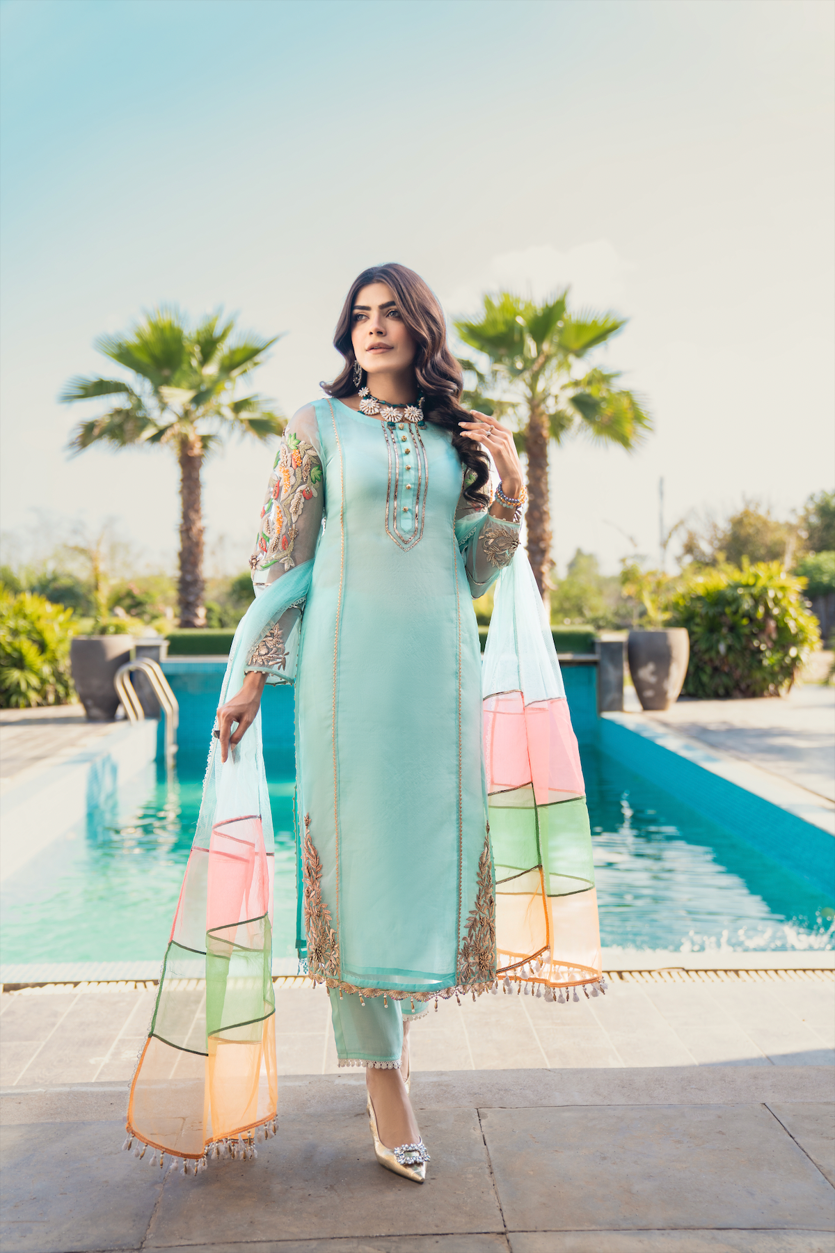 Khuda Baksh - Cyan with Tri Color Dupatta