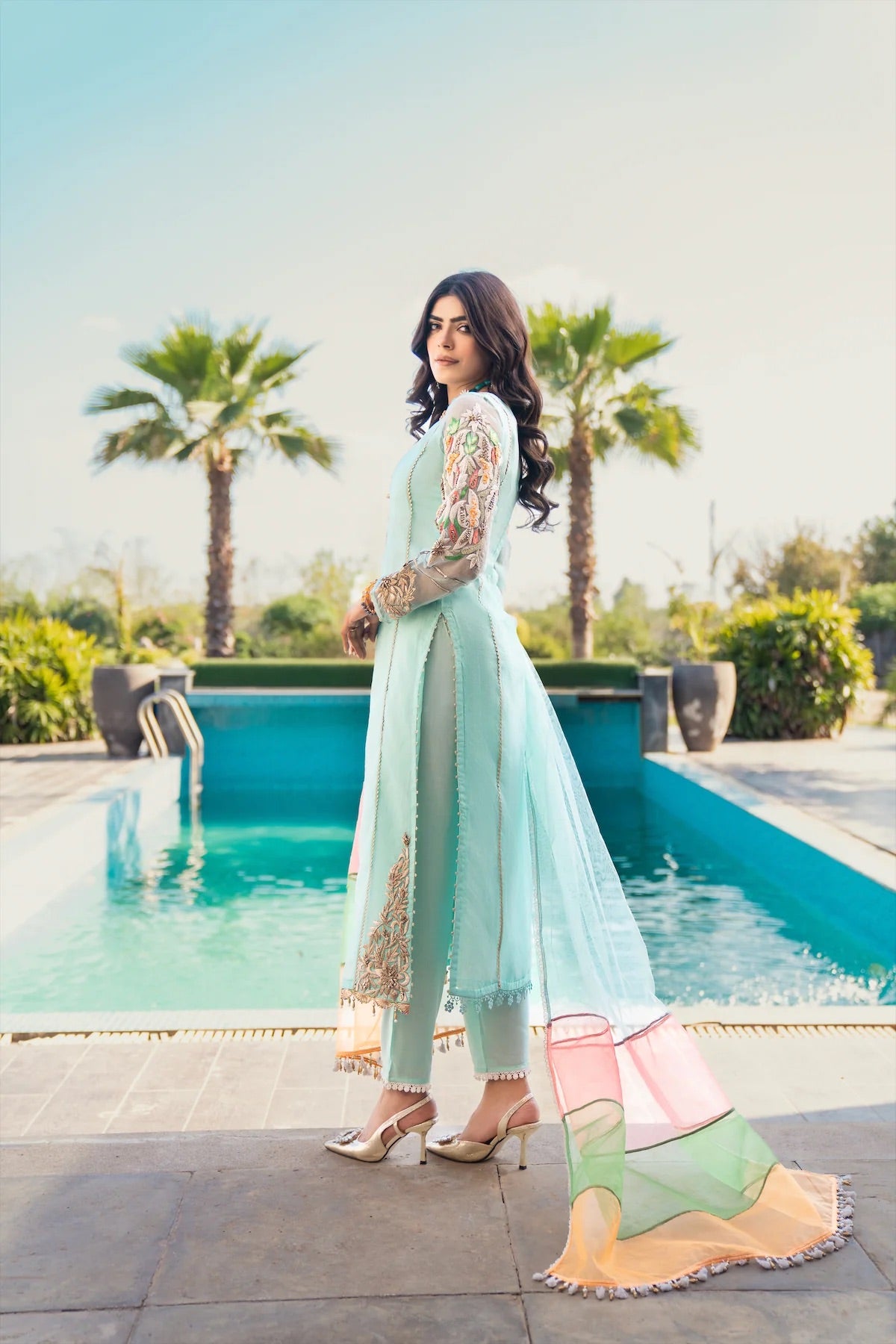 Khuda Baksh - Cyan with Tri Color Dupatta