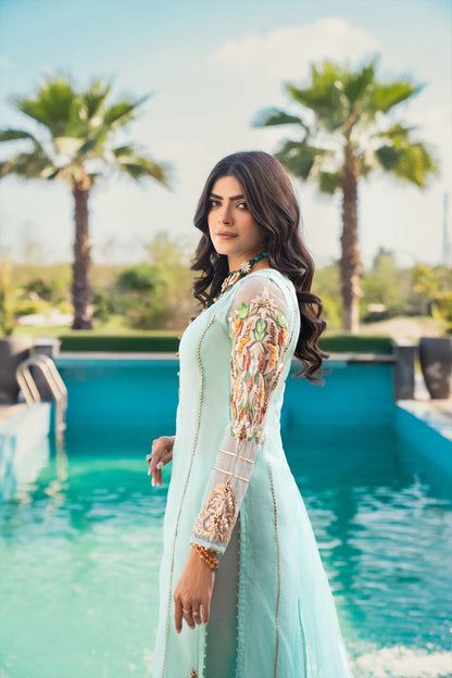 Khuda Baksh - Cyan with Tri Color Dupatta