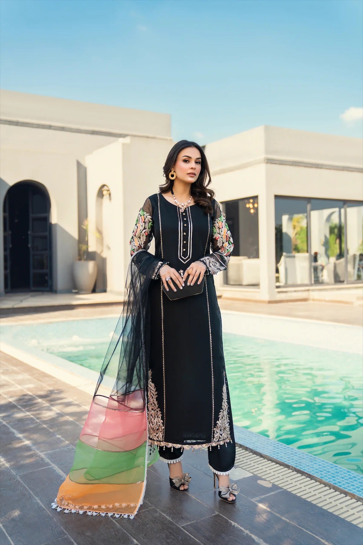 Khuda Baksh - Black with Tri Color Dupatta
