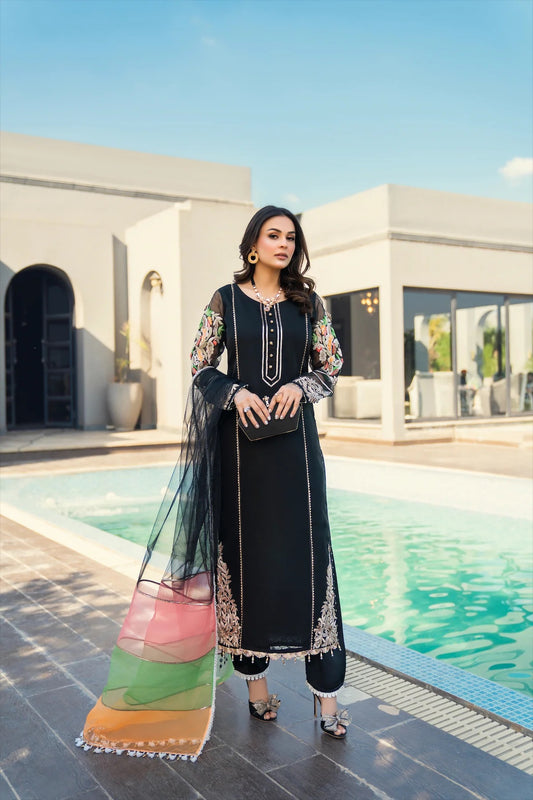 Khuda Baksh - Black with Tri Color Dupatta