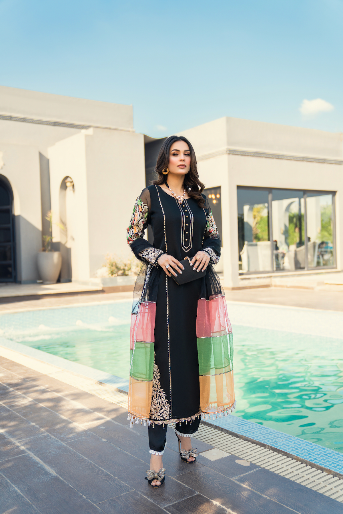 Khuda Baksh - Black with Tri Color Dupatta