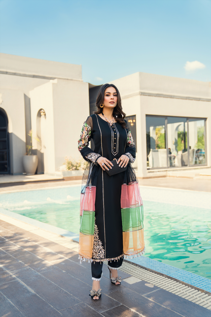 Khuda Baksh - Black with Tri Color Dupatta