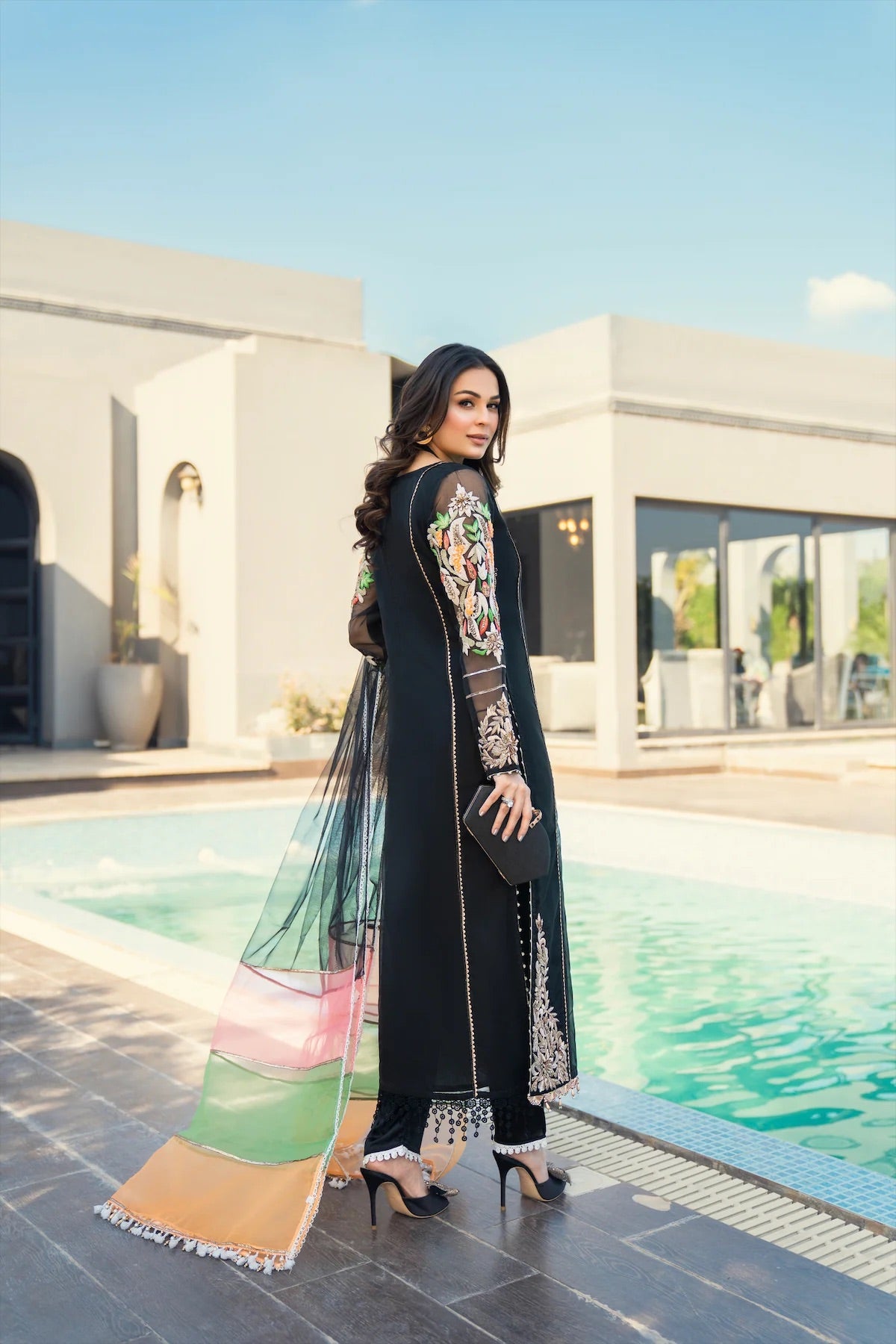 Khuda Baksh - Black with Tri Color Dupatta