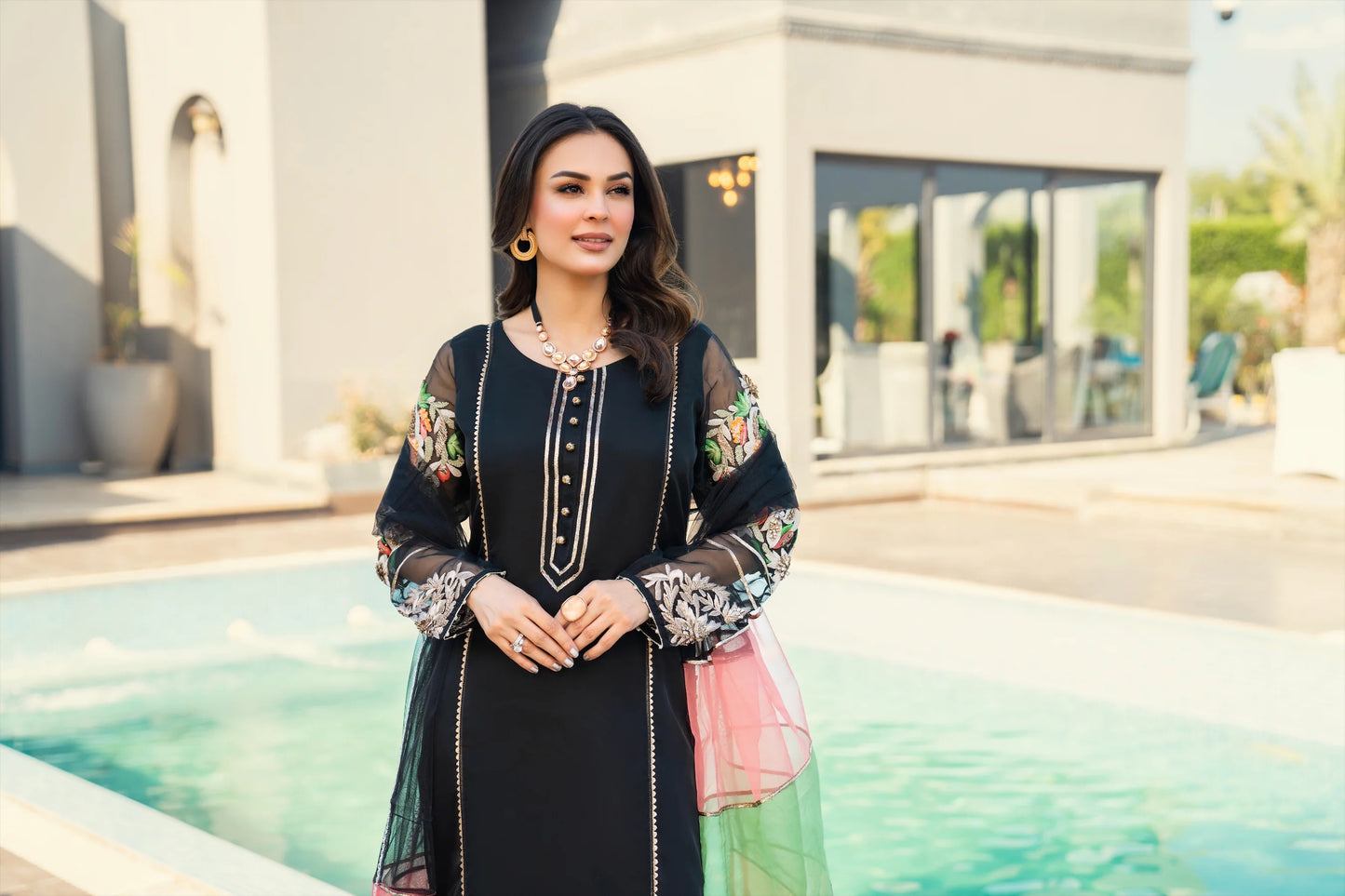 Khuda Baksh - Black with Tri Color Dupatta