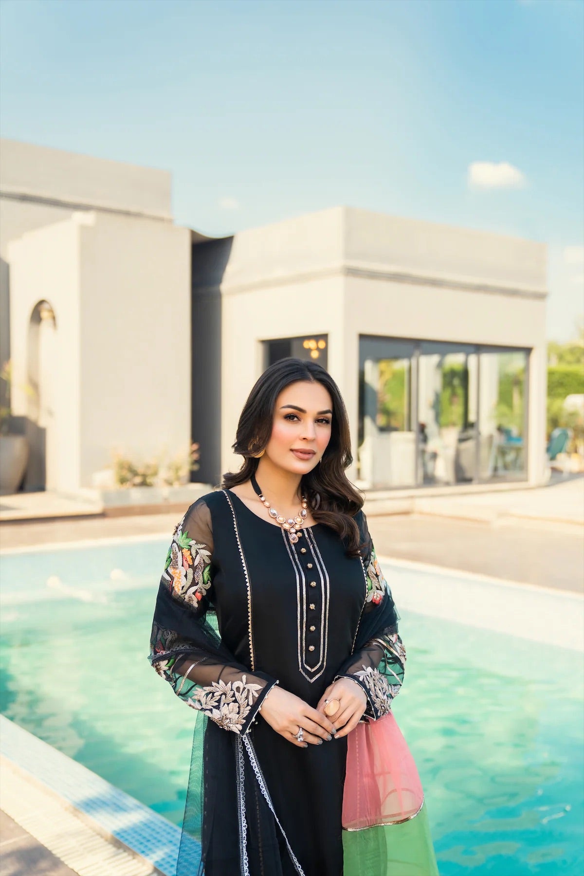 Khuda Baksh - Black with Tri Color Dupatta