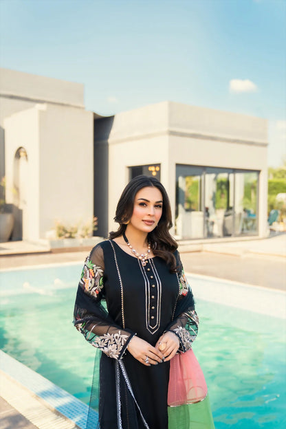 Khuda Baksh - Black with Tri Color Dupatta