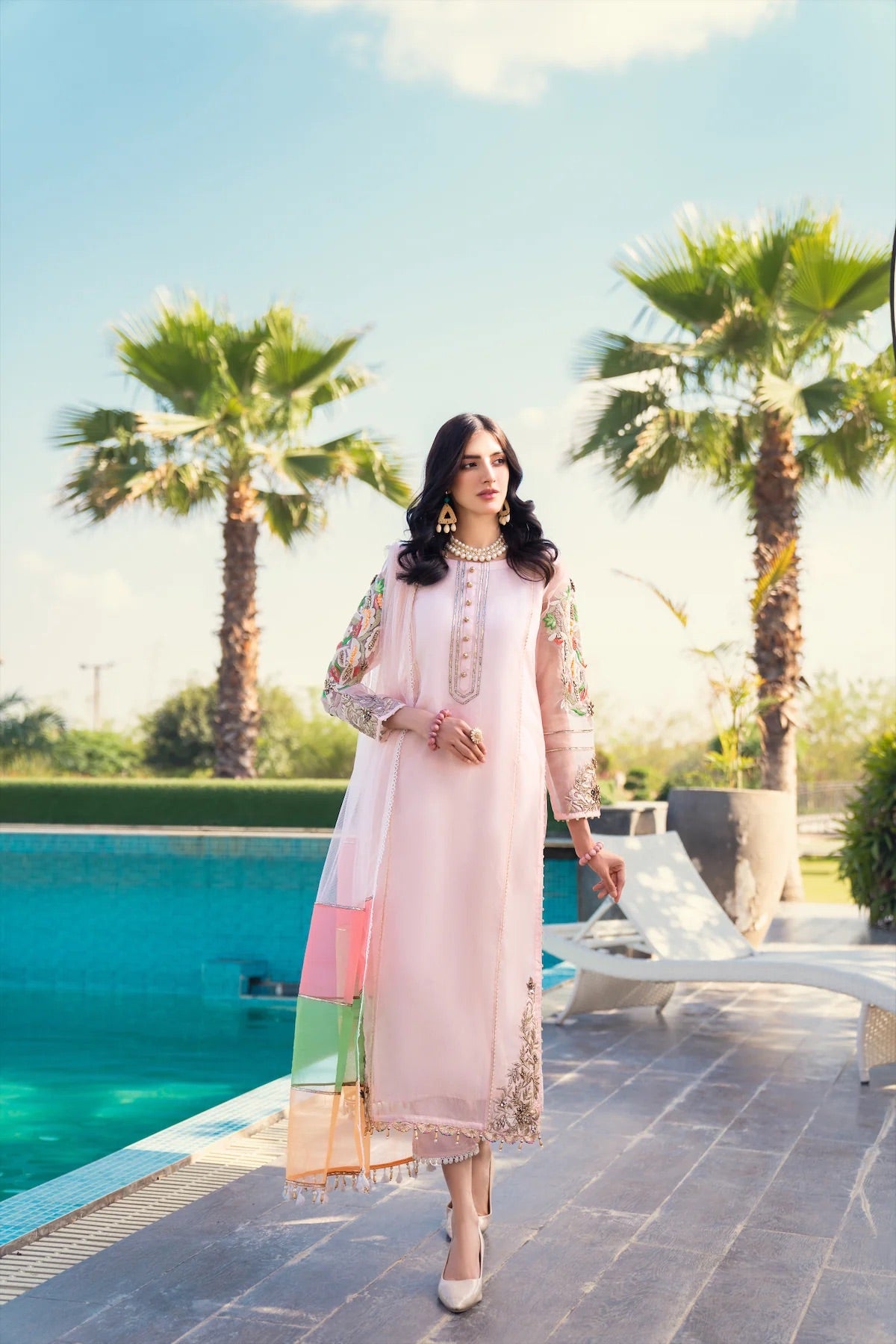 Khuda Baksh - Pink with Tri Color Dupatta