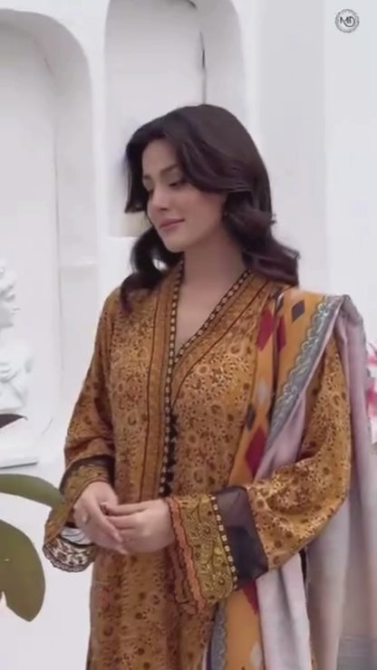 Munira Designers - Yellow Dhanak Frock & Wool Shawl